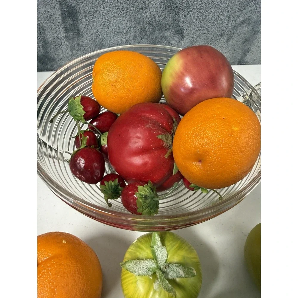 Vtg Anchor Hocking Manhattan Clear Glass Pedestal Fruit Bowl & Faux Fruit Set